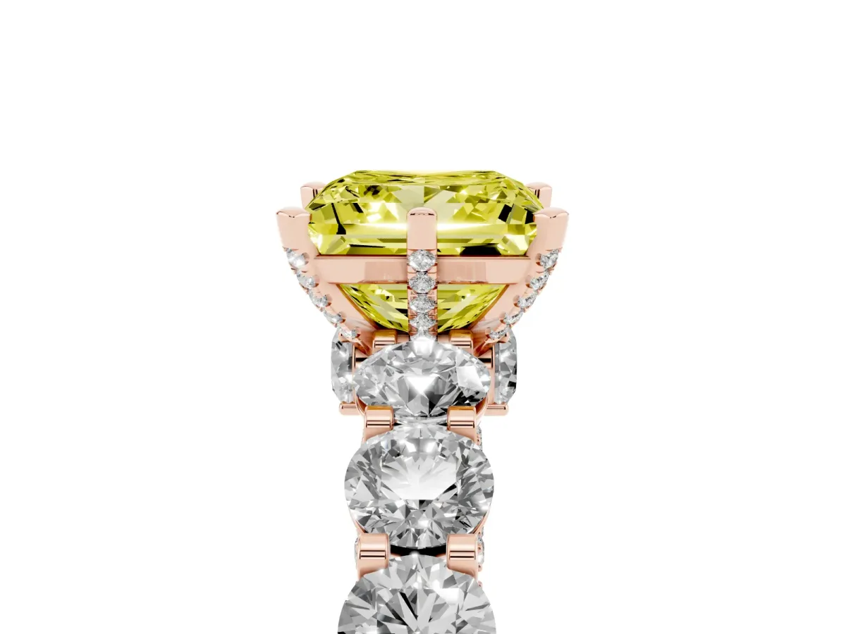 Fancy Yellow Princess Cut Diamond Side Stone Engagement Ring with Four-Prong Setting Rose gold