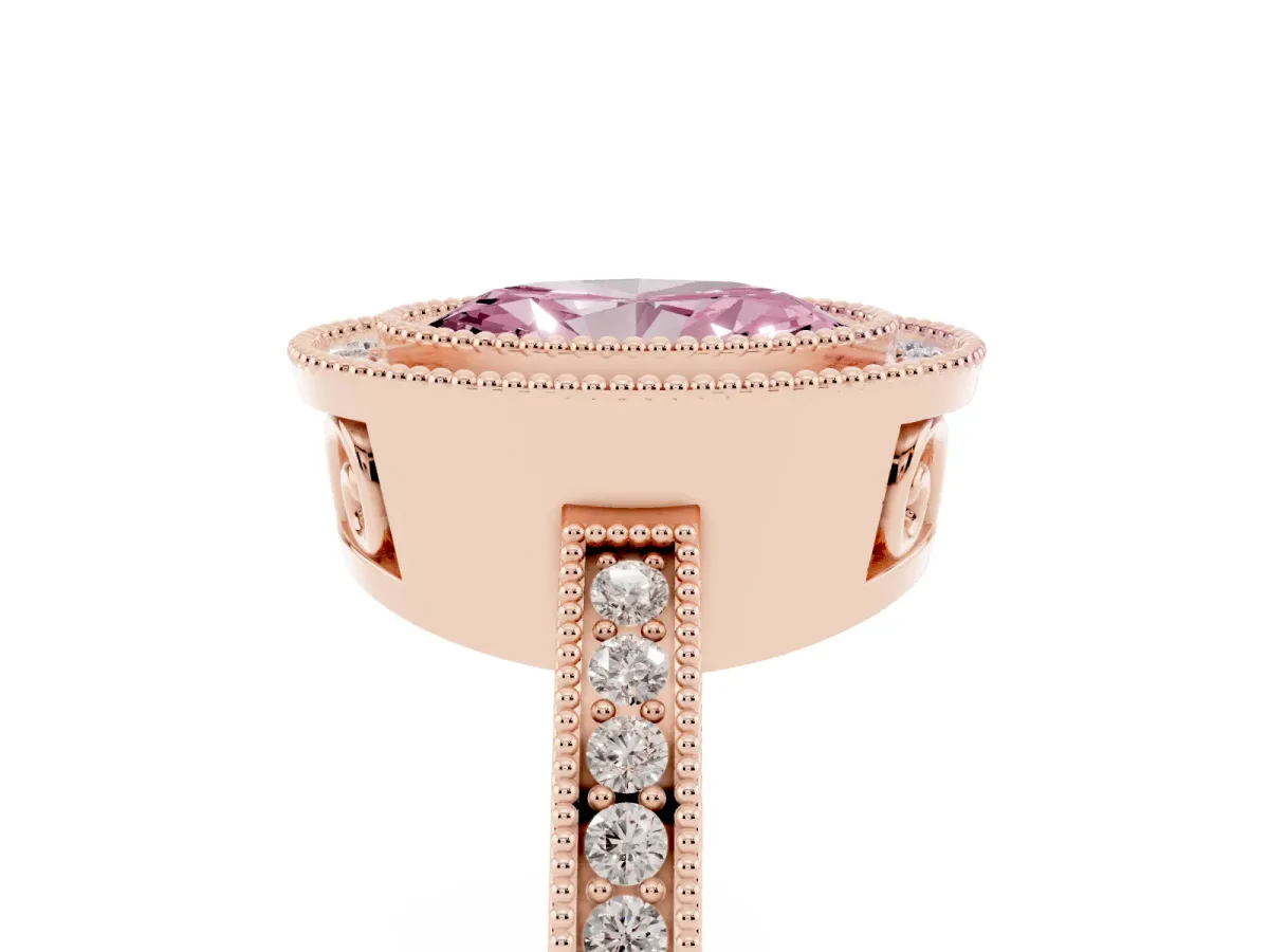 Fancy Pink Oval Cut Cut Halo Diamond Ring with Pavé Band and Milgrain Prong Setting Rose gold