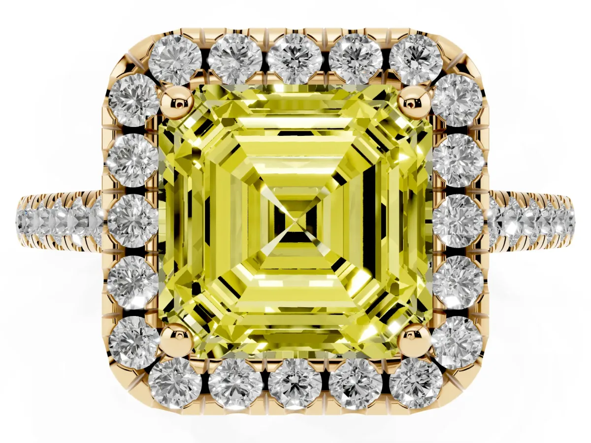 Fancy Yellow Asscher Cut Halo Pavé Diamond Engagement Ring with Four-Prong Setting Yellow gold
