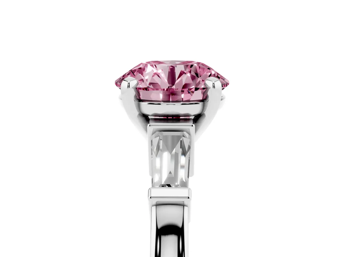 Fancy Pink Round Cut Cut Diamond Solitaire Ring with Tapered Baguette Accents and Four-Prong Setting Silver