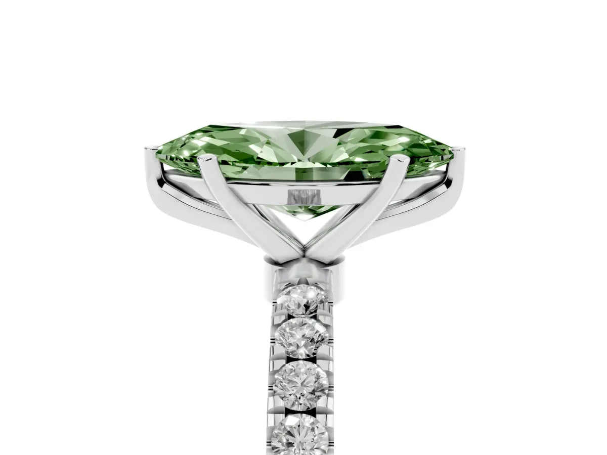 Fancy Green Marquise Cut Diamond Solitaire Ring with Pavé Accents and Four-Prong Setting Platinum