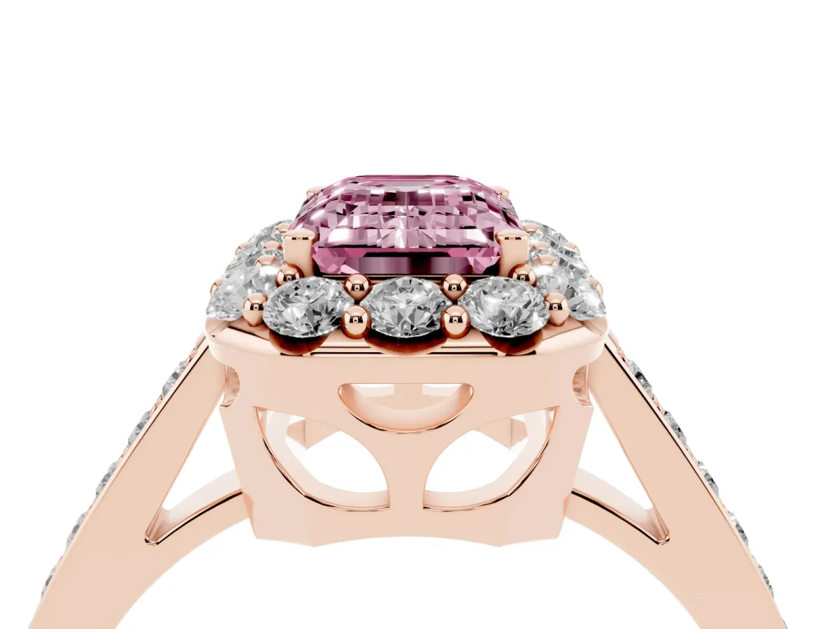 Fancy Pink Emerald Cut Diamond Floral Halo Ring with Pavé Band and Prong Setting Rose gold