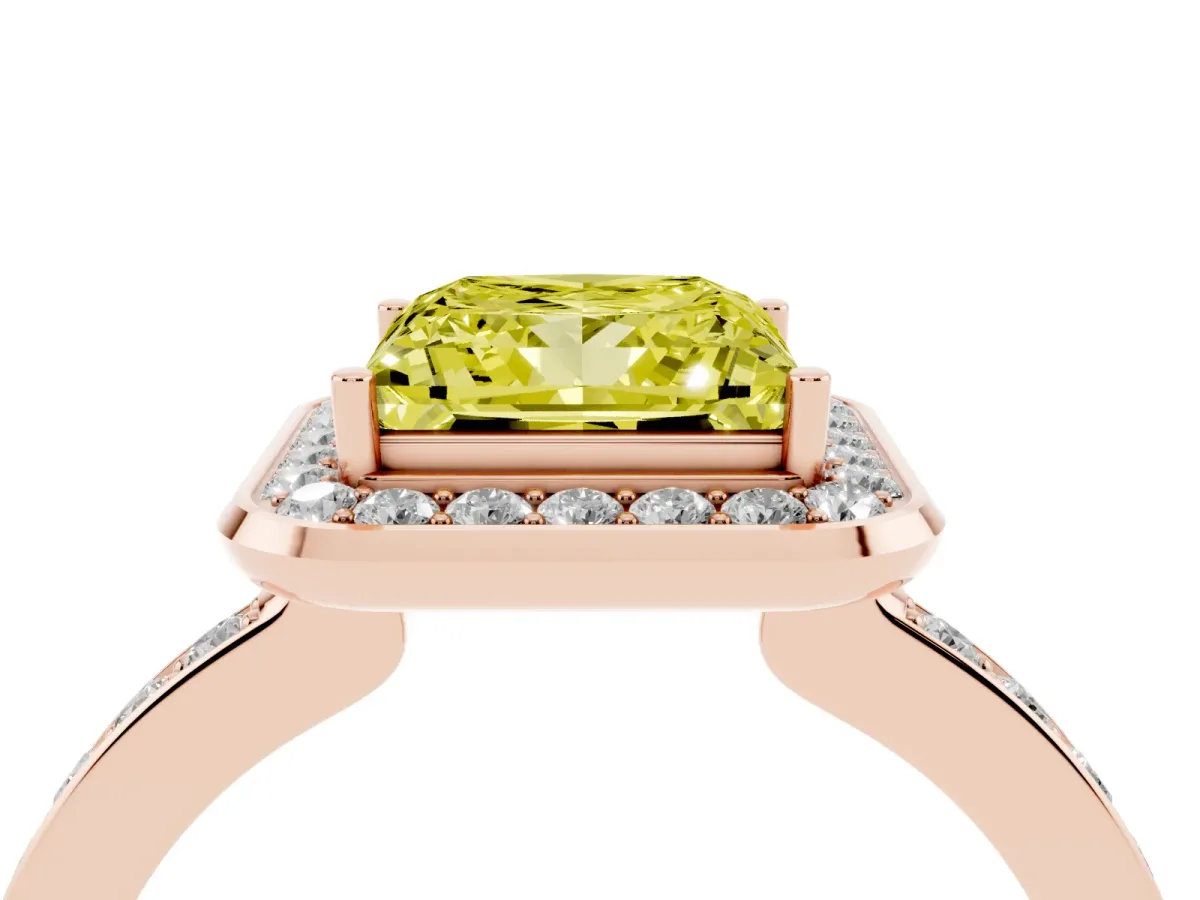 Fancy Yellow Princess Cut Diamond Halo Ring with Bezel Frame and Pavé Band Rose gold