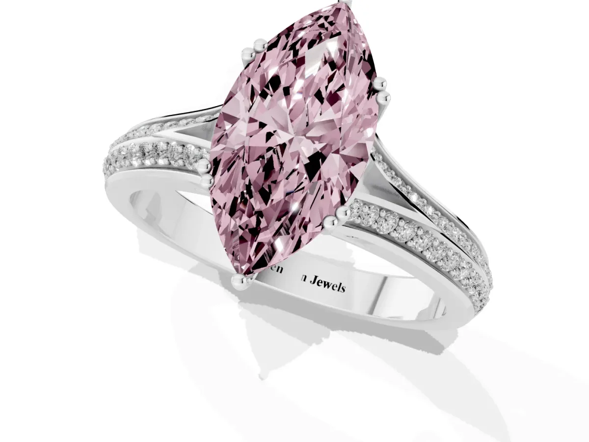 Fancy Pink Marquise Cut Diamond Split Shank Engagement Ring with Pavé Band Silver