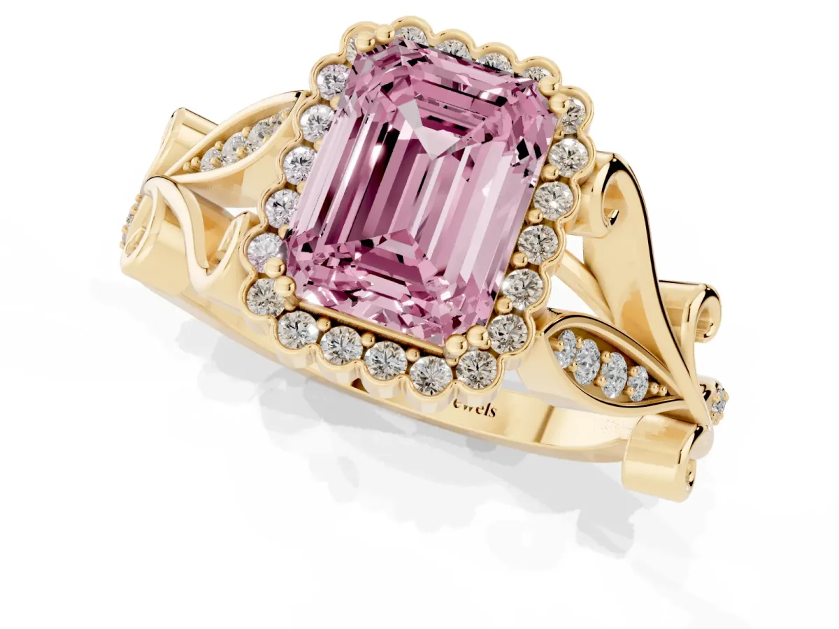 Fancy Pink Emerald Cut Diamond Halo Ring with Vintage Split Shank and Four-Prong Setting Yellow gold
