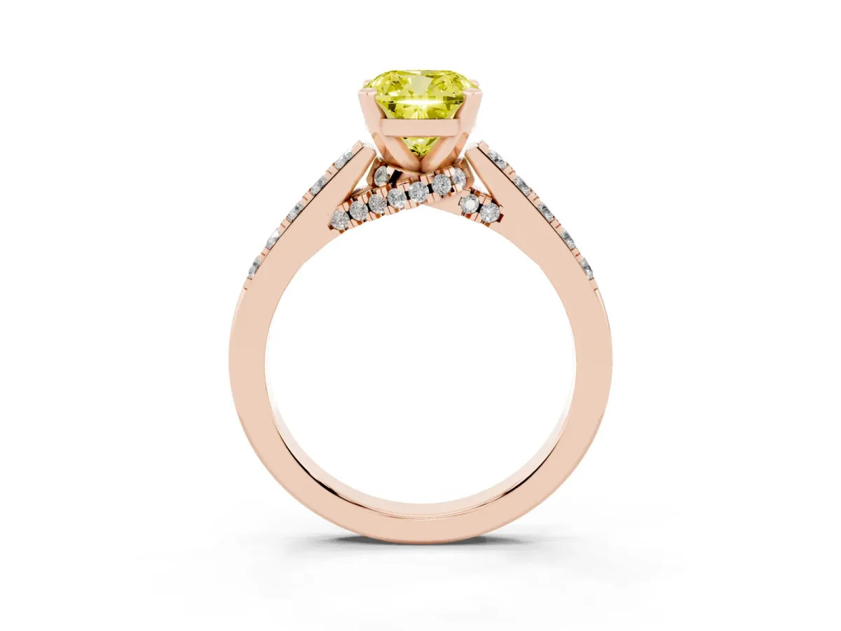Fancy Yellow Cushion Cut Diamond Solitaire Ring with Crossover Gallery and Round Pavé Band Rose gold