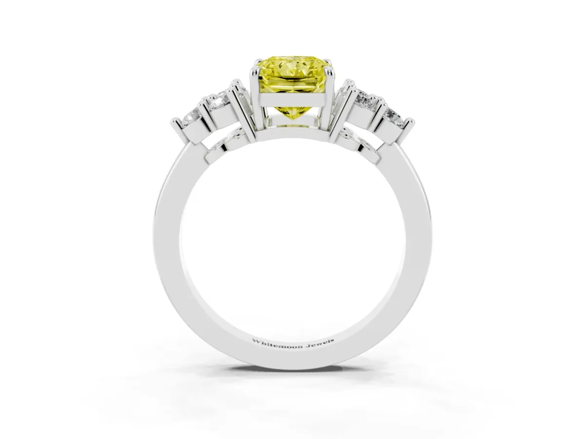 Fancy Yellow Radiant Cut Brilliant Diamond Cluster Accent Solitaire Ring with Prong Setting Platinum