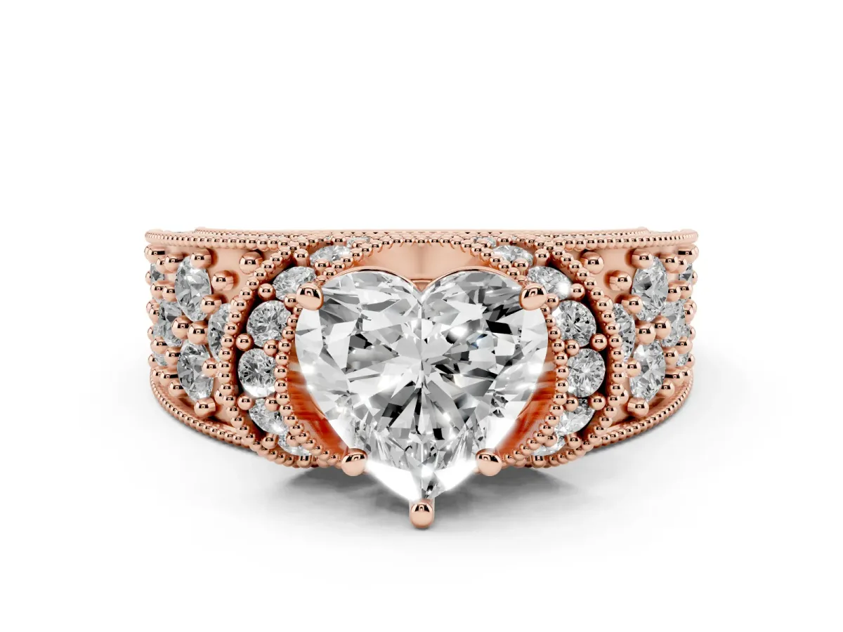 Heart Cut Halo Pave Diamond Engagement Ring with Milgrain Detailing Rose gold