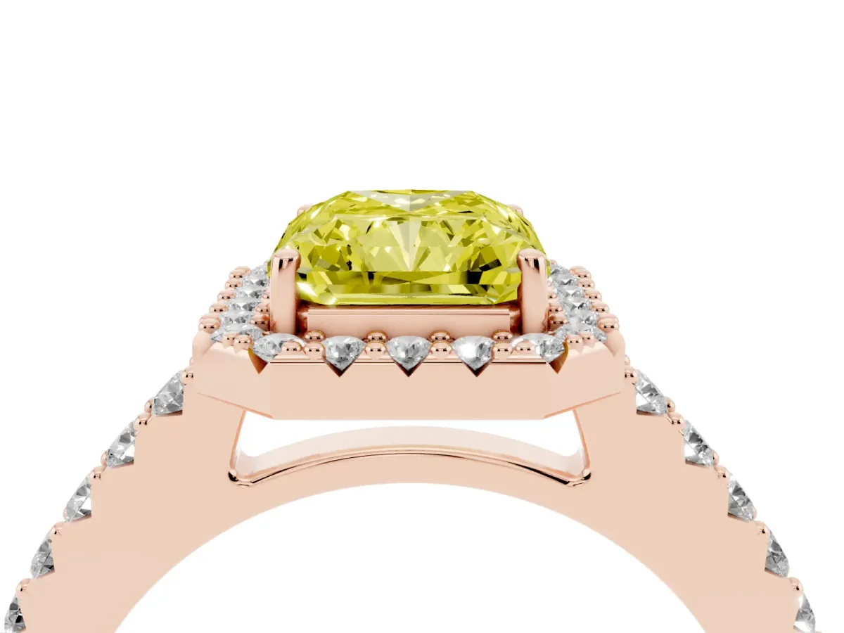 Fancy Yellow Radiant Cut Halo Diamond Pavé Solitaire Ring Rose gold