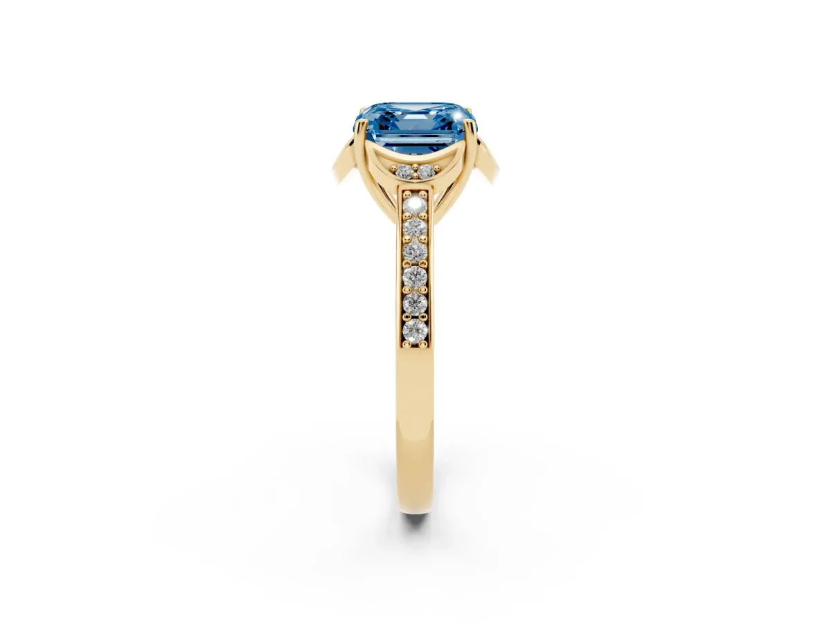 Fancy Blue Asscher Cut Cut Halo Diamond Ring with Channel Set Band and Four-Prong Setting Yellow gold