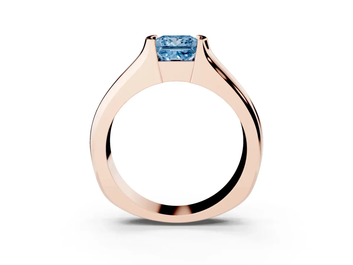 Fancy Blue Princess Cut Solitaire Bezel Set Diamond Ring with Wide Band Rose gold