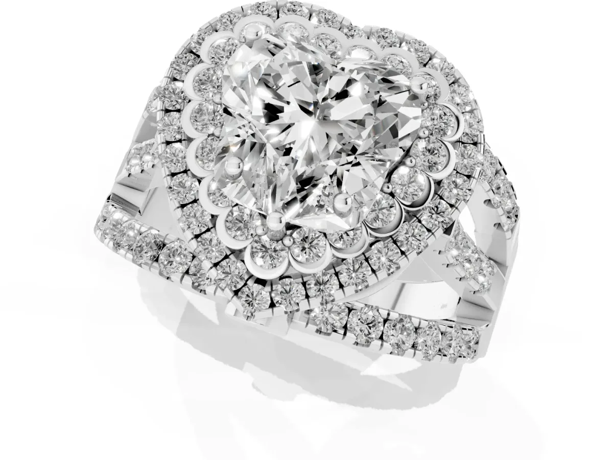 Heart Cut Diamond Double Halo Ring with Round Pavé Split Shank and Prong Setting Platinum
