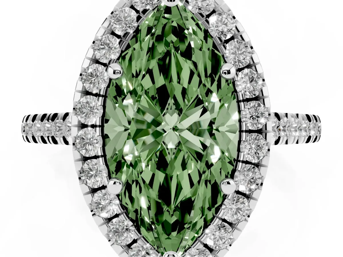 Fancy Green Marquise Cut Diamond Cushion Halo Ring with Pavé Band White gold