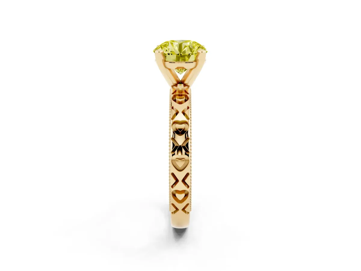 Fancy Yellow Round Cut Solitaire Diamond Engagement Ring with XO Engraved Band and Four-Prong Setting Yellow gold