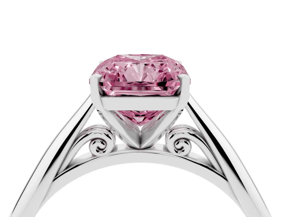 Fancy Pink Radiant Cut Diamond Solitaire Engagement Ring with Cathedral Setting and Four-Prong Mount Silver