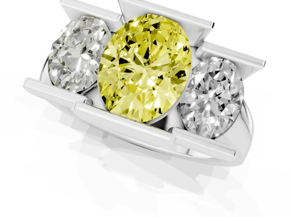 Fancy Yellow Three Stone Oval Cut Cut Channel Set Diamond Ring Platinum