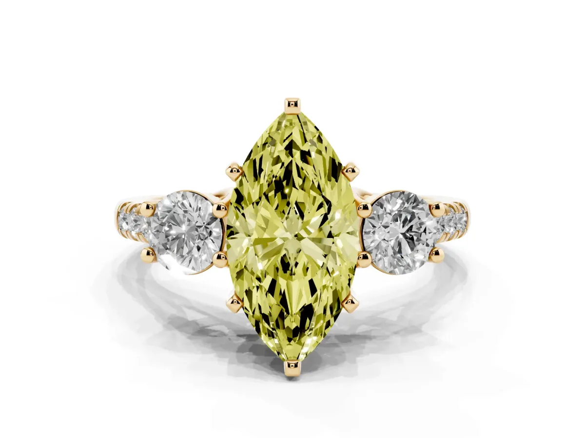 Fancy Yellow Three-Stone Marquise Cut Diamond Pavé Band with Four-Prong Setting Yellow gold