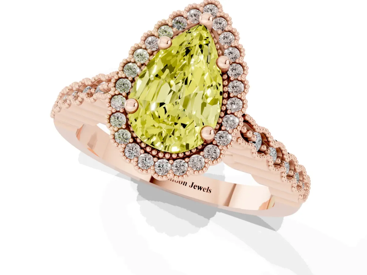 Fancy Yellow Pear Cut Cut Halo Pavé Solitaire Ring with Milgrain Band Rose gold