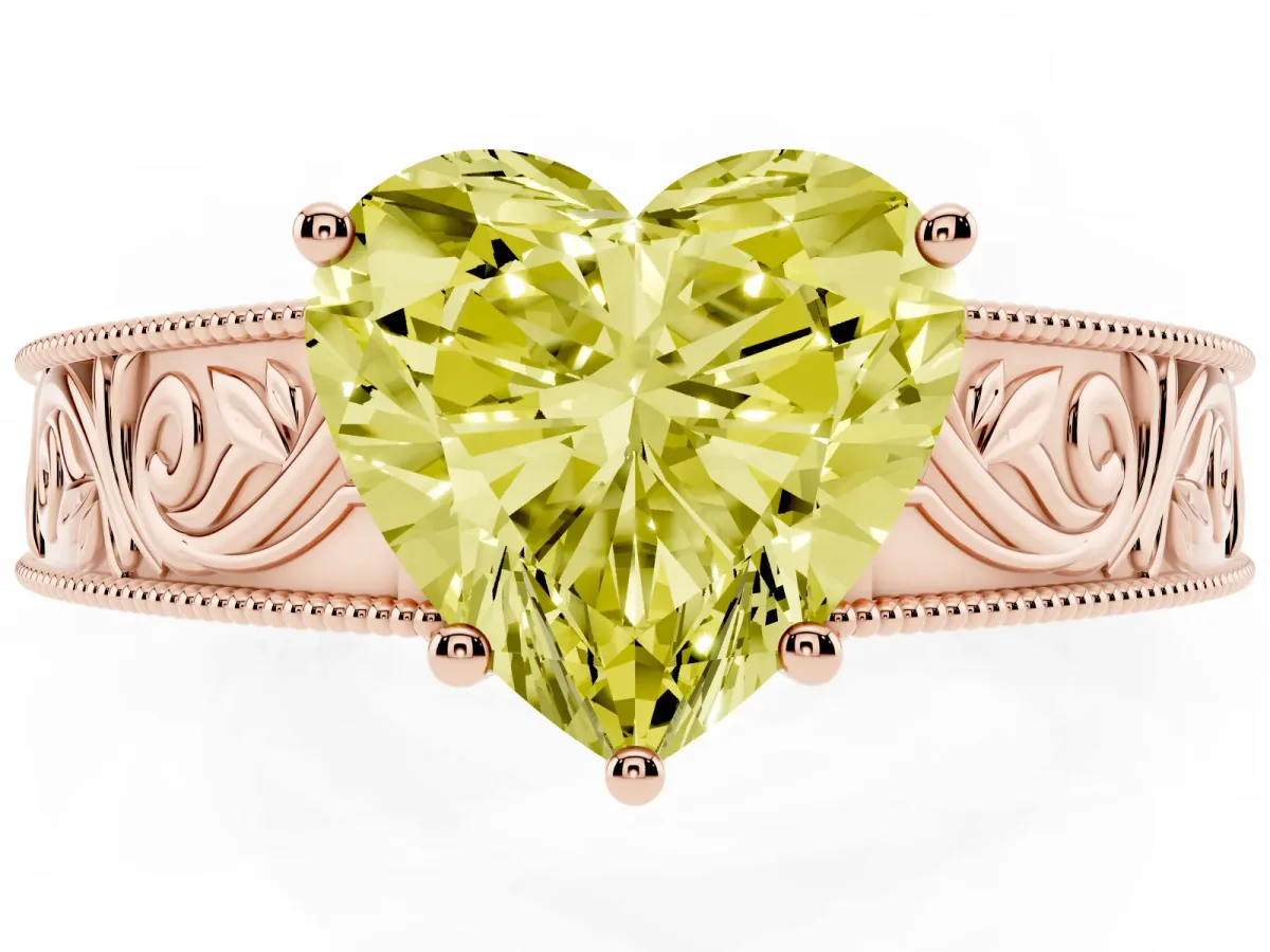 Fancy Yellow Heart Cut Diamond Solitaire Ring with Engraved Band and Four-Prong Setting Rose gold