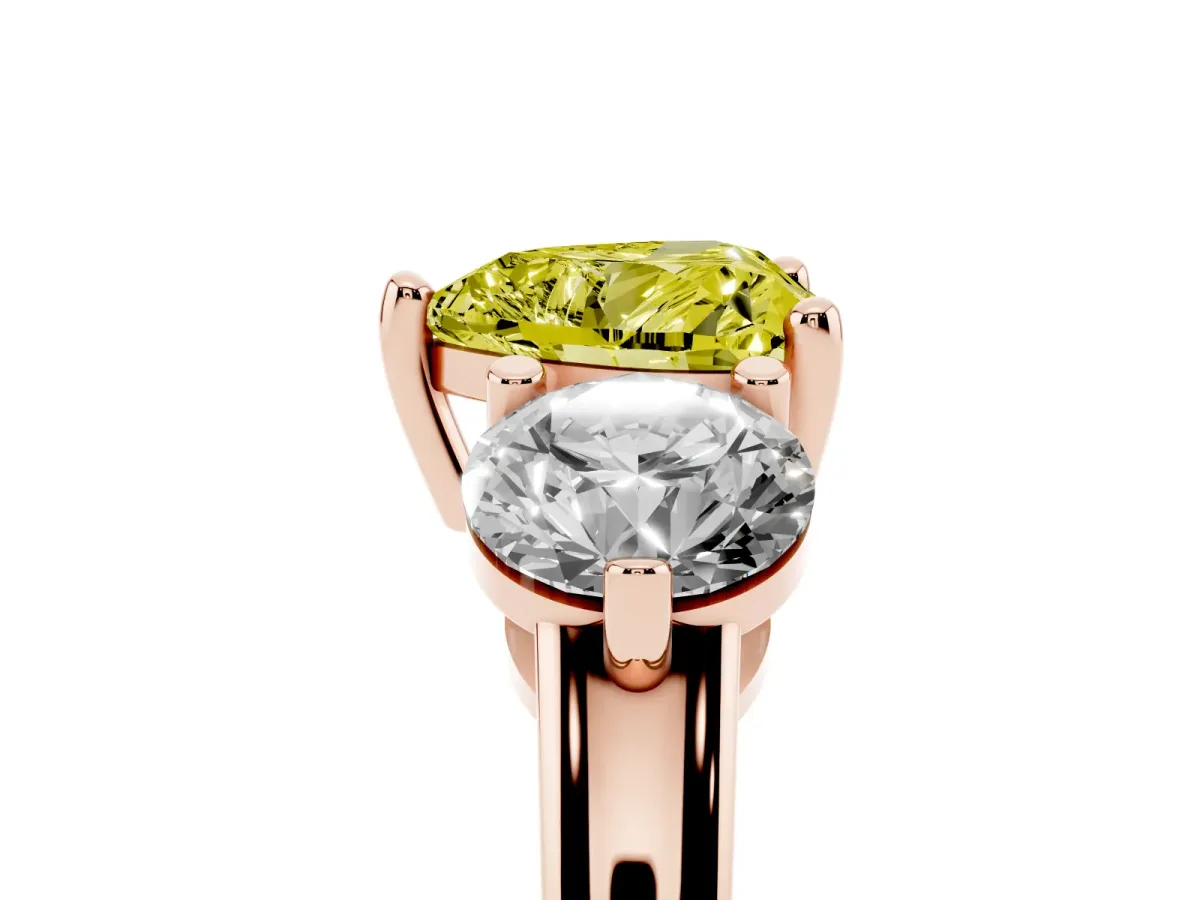Fancy Yellow Three-Stone Heart Cut Brilliant Cut Solitaire Ring with Prong Setting on a Classic Band Rose gold