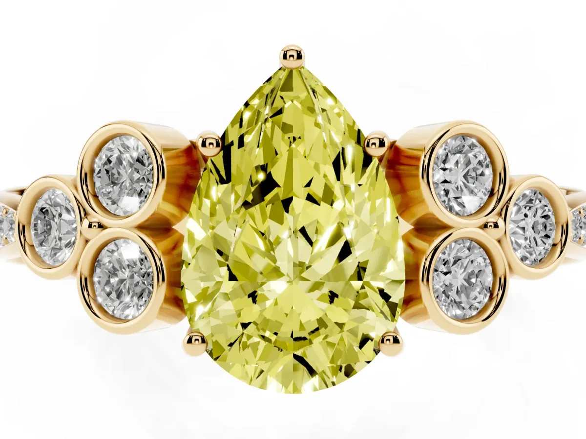 Fancy Yellow Pear Cut Cut Diamond Engagement Ring with Bezel Set Round Side Stones and Prong Setting Yellow gold