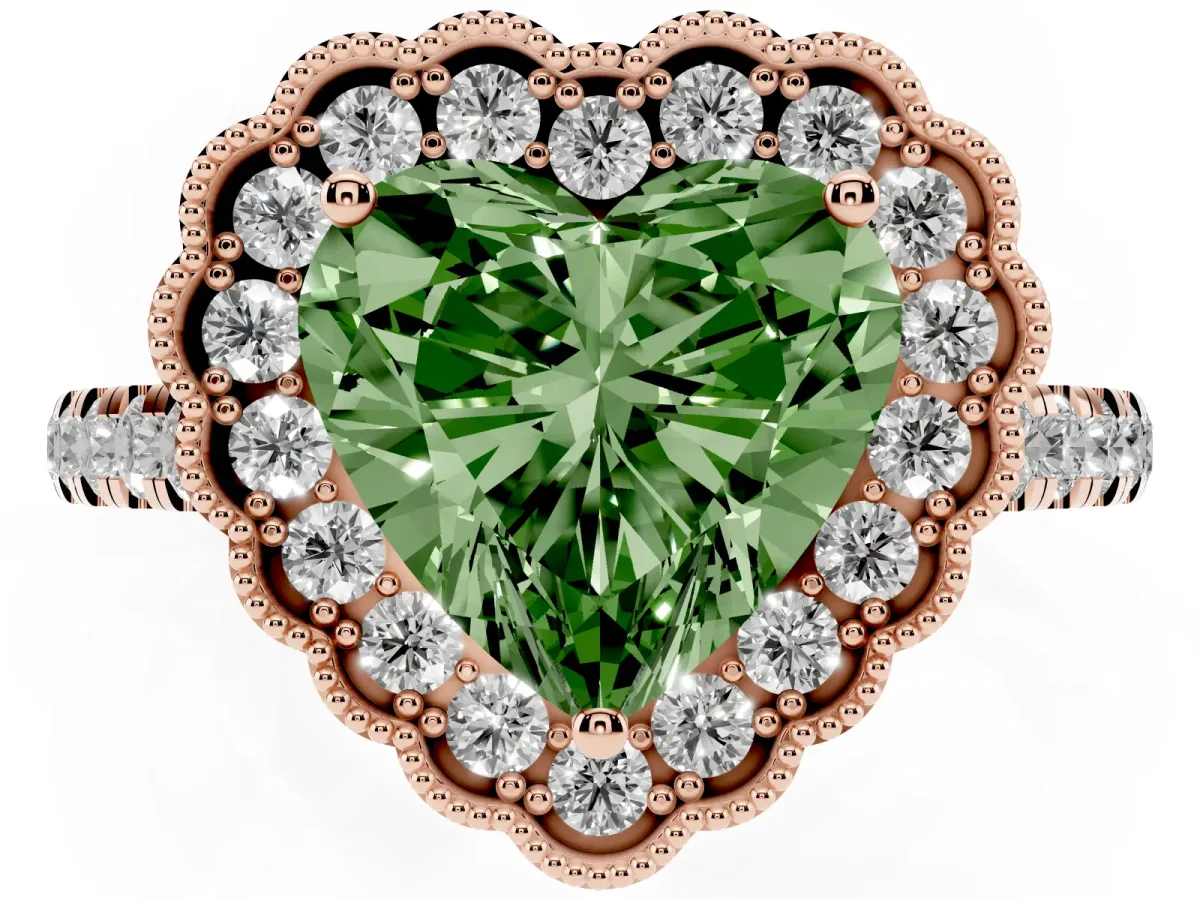Fancy Green Heart Cut Cut Diamond Milgrain Floral Halo Engagement Ring with Pavé Band Rose gold