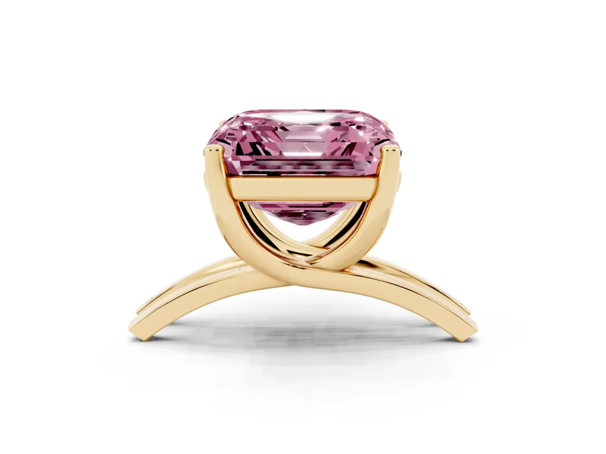 Fancy Pink Asscher Cut Cut Diamond Solitaire Engagement Ring with Tapered Plain Band and Four-Prong Setting Yellow gold