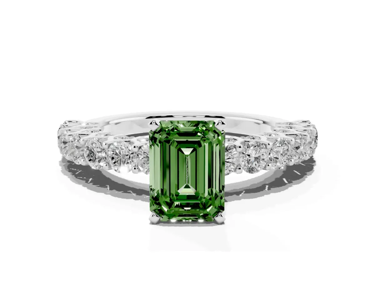 Fancy Green Emerald Cut Diamond Solitaire Ring with Shared Prong Pavé Band and Four-Prong Setting Silver