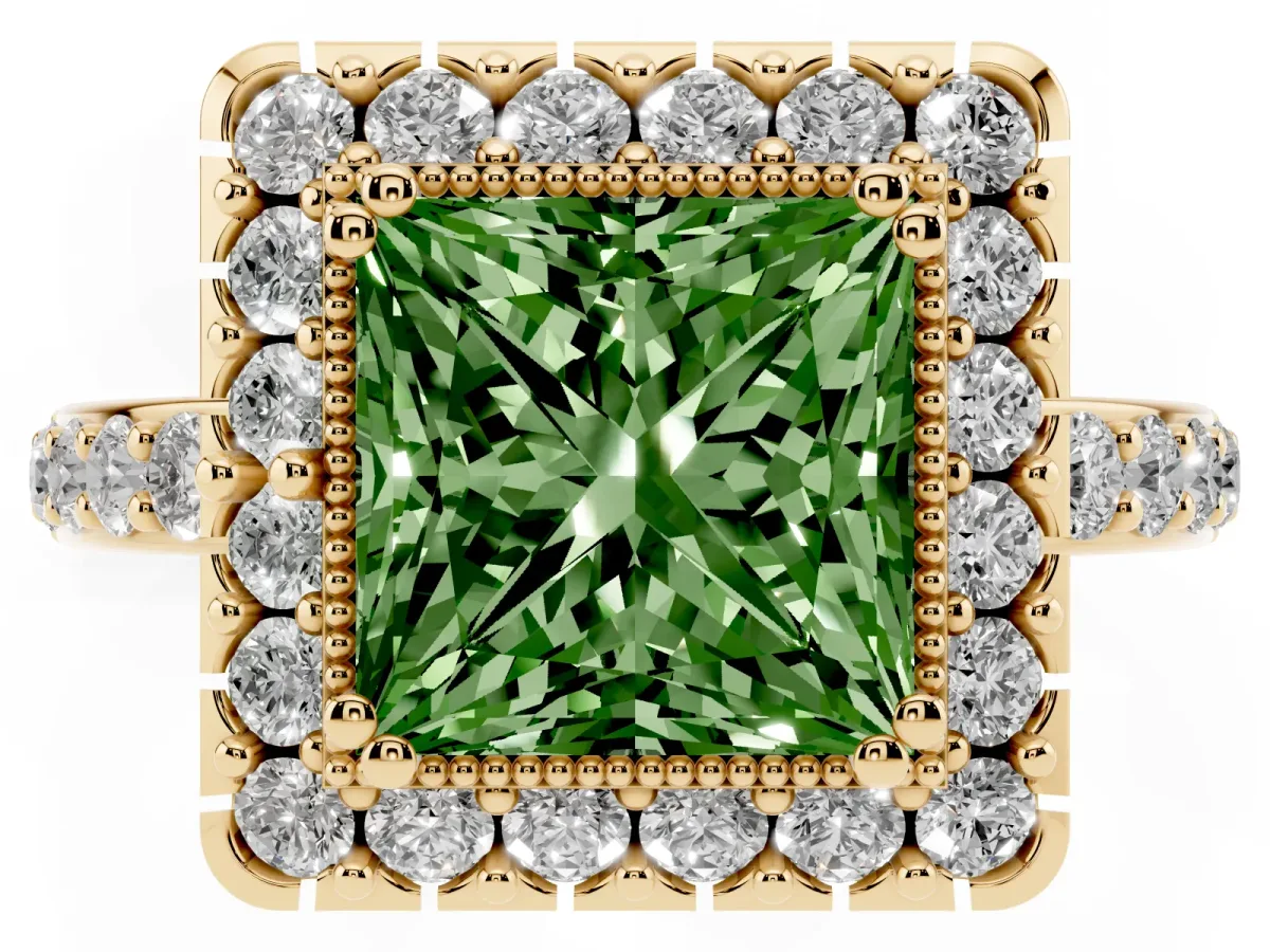 Fancy Green Princess Cut Diamond Halo Ring with Pavé Band and Prong Setting Yellow gold