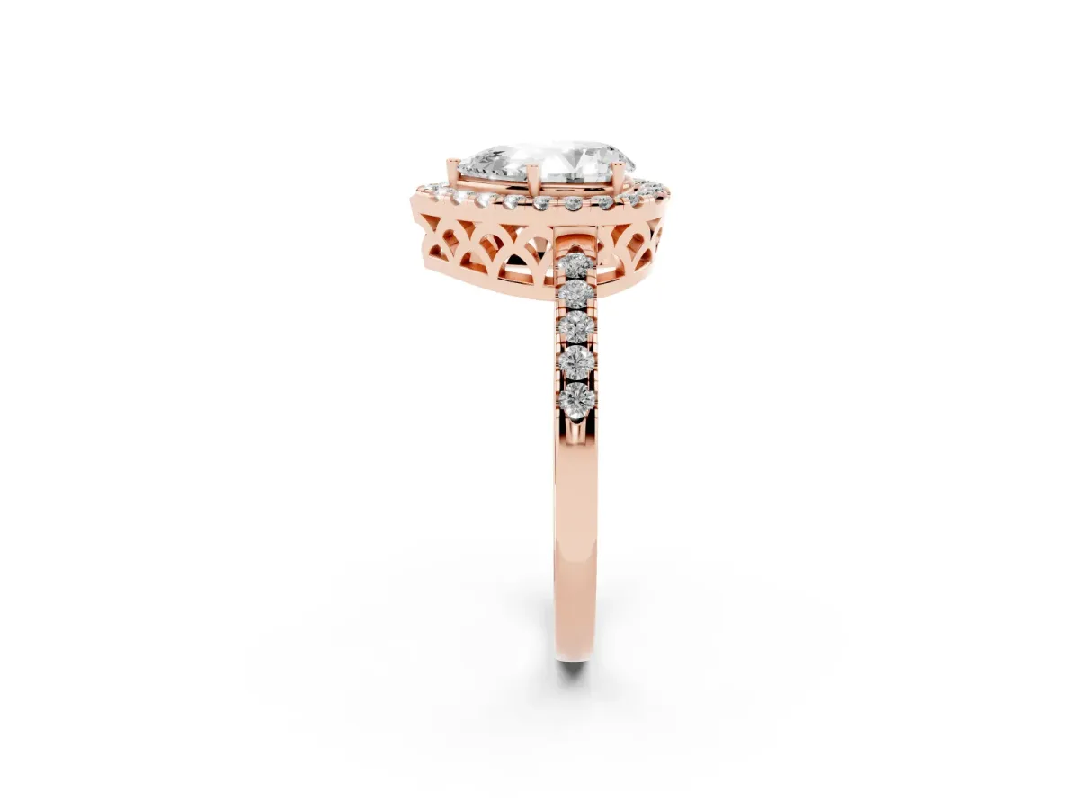 Pear Cut Halo Diamond Engagement Ring with Pavé Band and Four-Prong Setting Rose gold