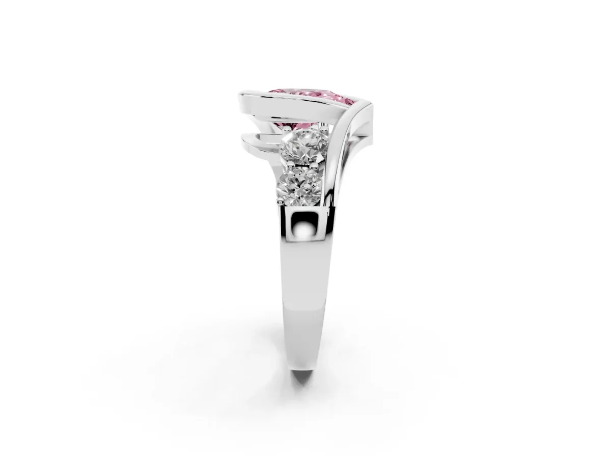 Fancy Pink Bezel Set Pear Cut Diamond Bypass Ring with Round Accents Platinum