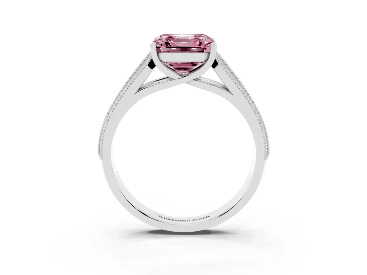 Fancy Pink Asscher Cut Cut Pave Split Shank Engagement Ring with Four-Prong Setting Platinum