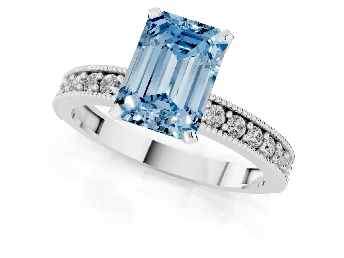 Fancy Blue Emerald Cut Diamond Milgrain Pavé Engagement Ring with Four-Prong Setting Silver