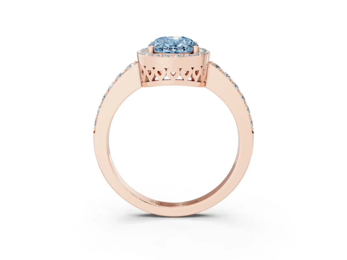 Fancy Blue Oval Cut Halo Diamond Pavé Band Ring with Prong Setting Rose gold
