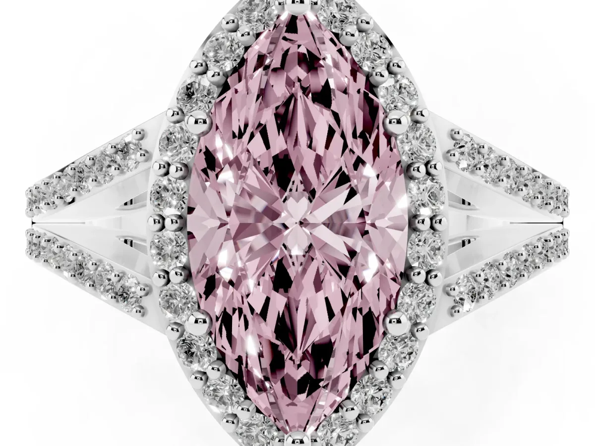 Fancy Pink Marquise Cut Halo Split Shank Diamond Ring with Prong Setting Platinum