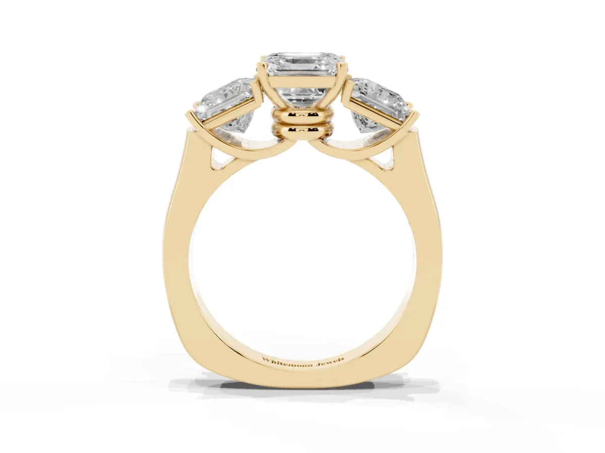 Three-Stone Asscher Cut Brilliant Diamond Trellis Ring with Comfort Fit Band Yellow gold