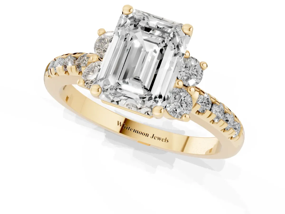Emerald Cut Diamond Three-Stone Pave Band with Four-Prong Setting Yellow gold