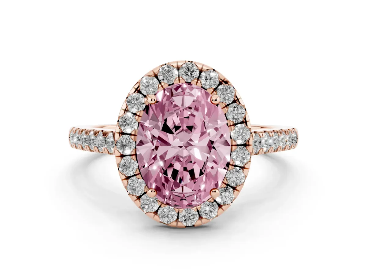 Fancy Pink Oval Cut Halo Pave Diamond Engagement Ring with Four-Prong Setting Rose gold