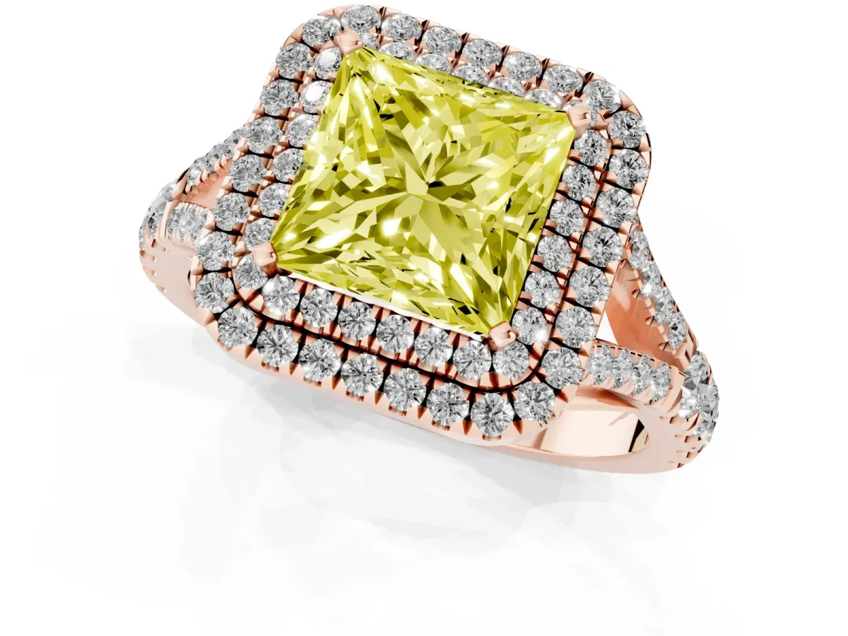 Fancy Yellow Princess Cut Diamond Double Halo Ring with Split Shank and Prong Setting Rose gold