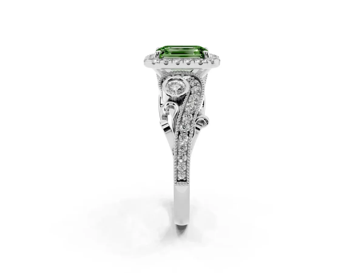 Fancy Green Emerald Cut Diamond Halo Ring with Milgrain Pavé Band and Four-Prong Setting Platinum