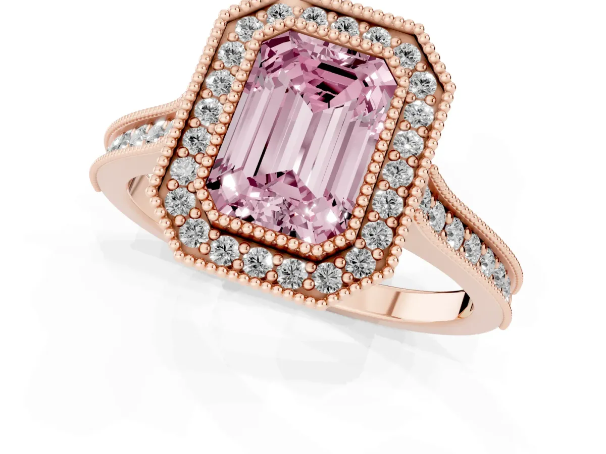 Fancy Pink Halo Emerald Cut-Cut Diamond Pave Band Milgrain Prong Setting Ring Rose gold