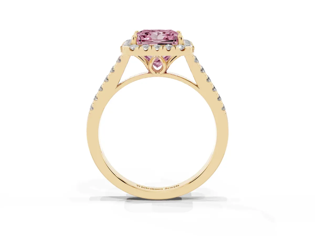 Fancy Pink Princess Cut Halo Pavé Diamond Engagement Ring with Four-Prong Setting Yellow gold