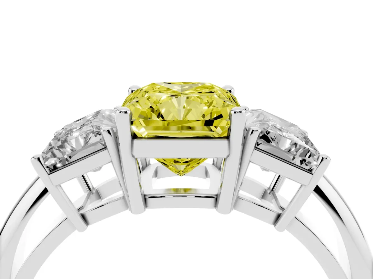 Fancy Yellow Three-Stone Radiant Cut Cut Diamond Engagement Ring with Prong Setting on a White Gold Band White gold