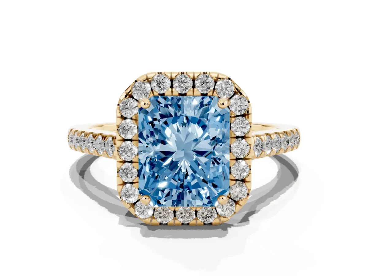 Fancy Blue Radiant Cut Halo Pavé Diamond Engagement Ring with Four-Prong Setting Yellow gold