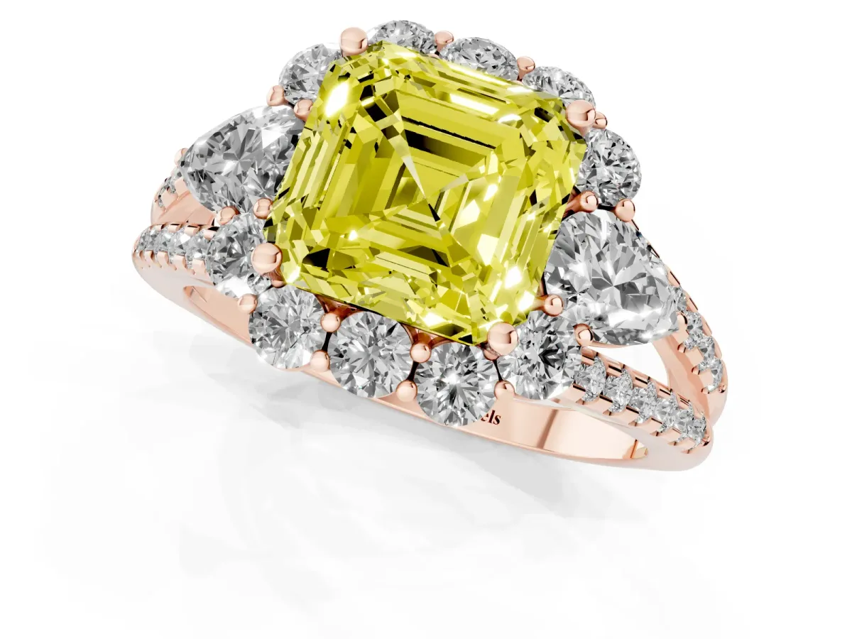 Fancy Yellow Asscher Cut Halo Split Shank Diamond Engagement Ring with Prong Setting Rose gold