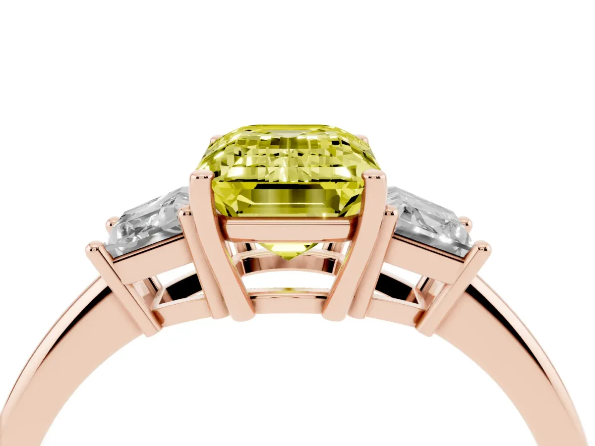 Fancy Yellow Emerald Cut Diamond Three-Stone Ring with Trapezoid Side Stones and Prong Setting Rose gold