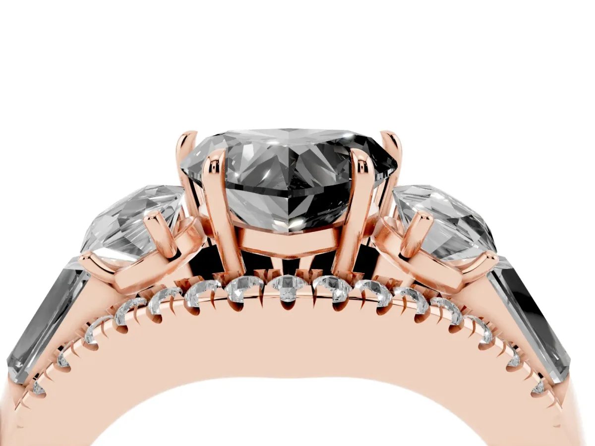 Fancy Black Three-Stone Heart Cut Diamond Engagement Ring with Pave Band and Prong Setting Rose gold