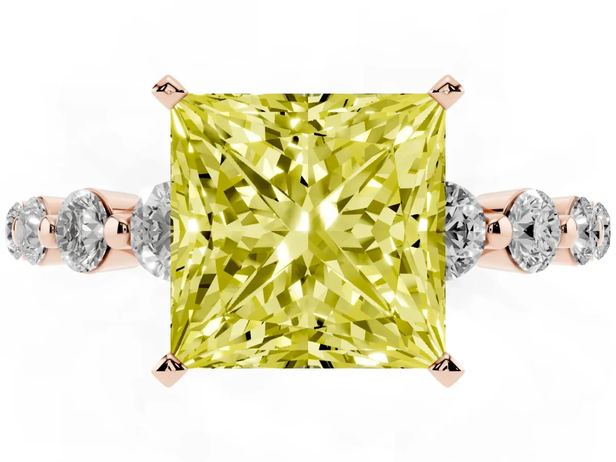 Fancy Yellow Princess Cut Solitaire Diamond Ring with Pave Band and Four-Prong Setting Rose gold