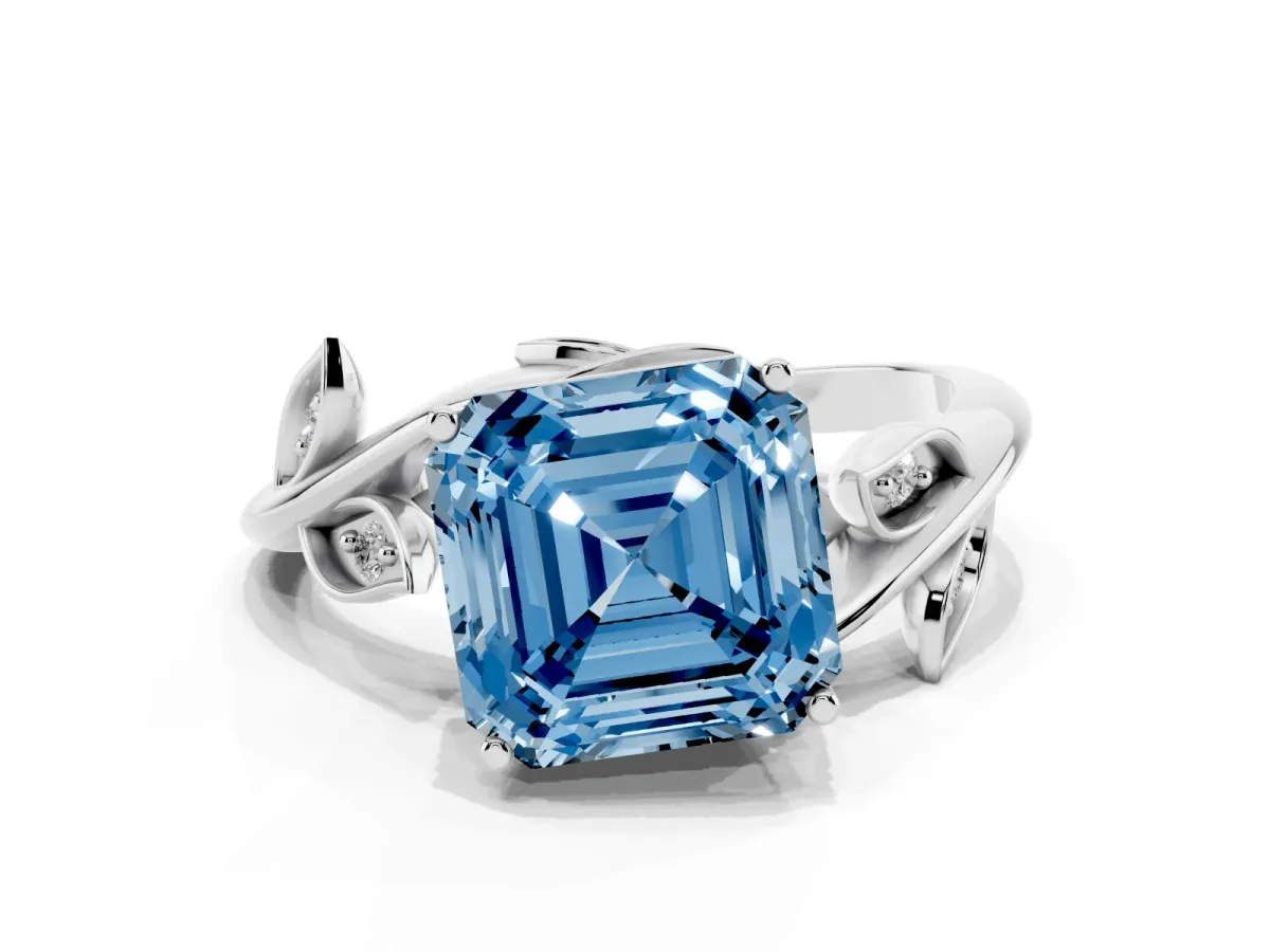 Fancy Blue Asscher Cut Solitaire Twist Engagement Ring with Leaf Accents and Prong Setting Silver