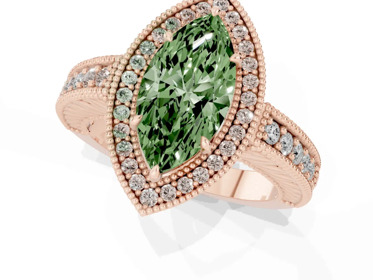 Fancy Green Marquise Cut Cut Halo Diamond Ring with Pavé Band and Four-Prong Setting Rose gold